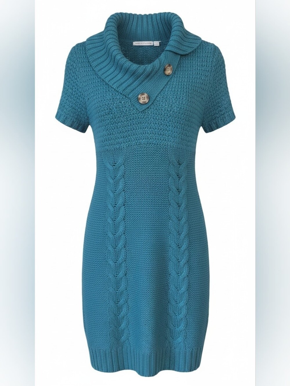 Notations Teal Cable-Knit Short Sleeve Sweater Dress Mini Length Size Med